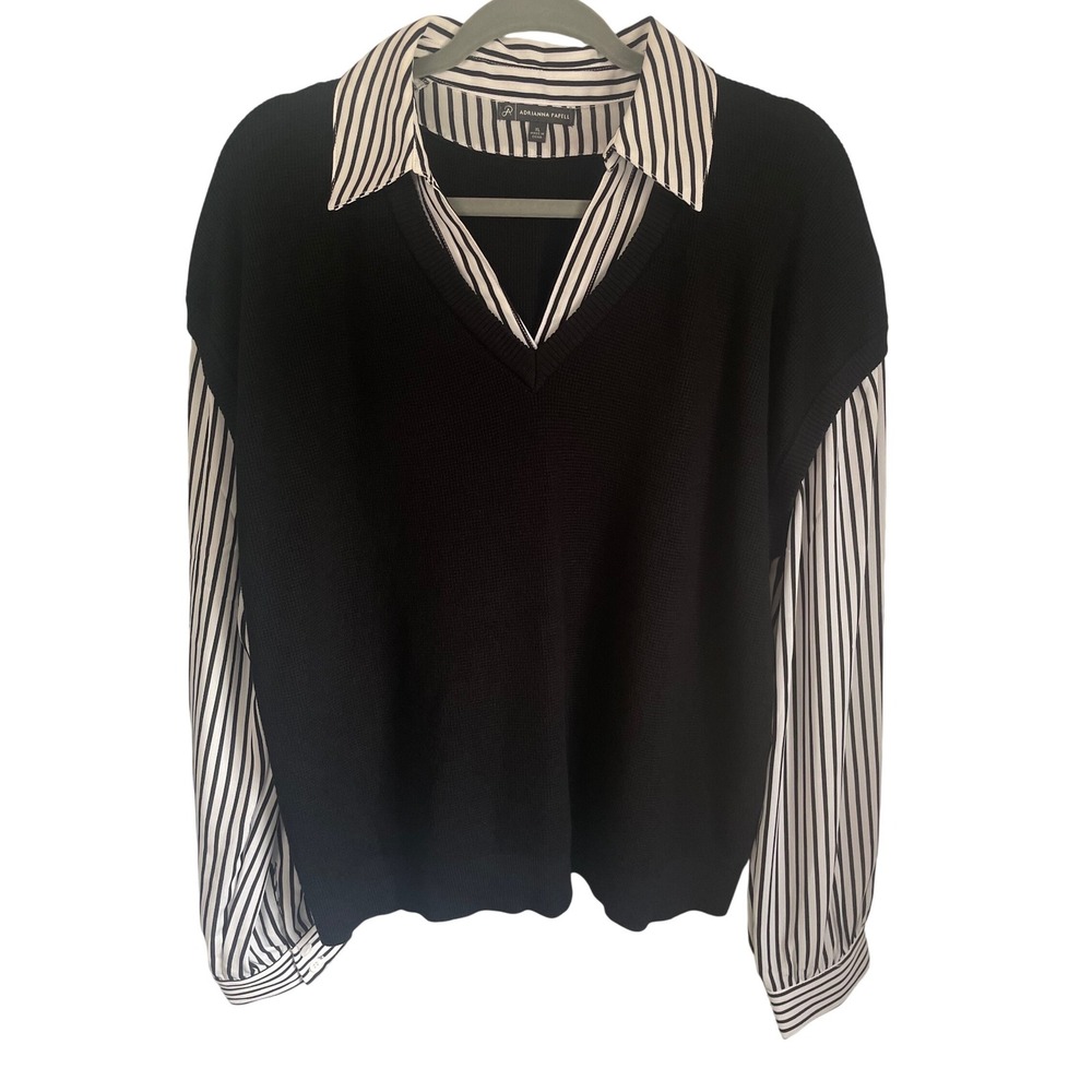 Adrianna Papell Womens XL Black Layered Look Striped Sleeve V-Neck Sweater Top